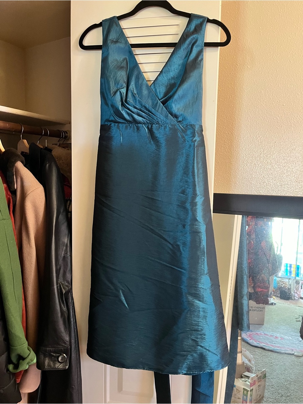 After Six Teal V-Neck Satin Midi Dress